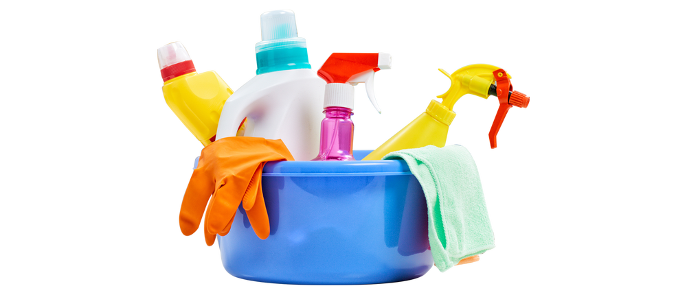Cleaning supply caddy with sprays, cloths, and gloves for house cleaning
